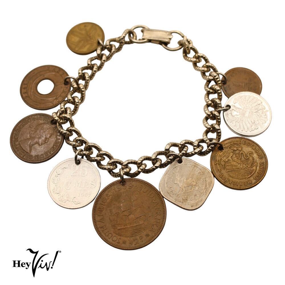 Vintage 9 Coin Charm Bracelet Austria India Africa Mexico British 7" - Hey Viv